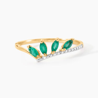 Bague Navette Or Jaune Emeraude Diamant - Bagues avec pierre Femme | Histoire d’Or